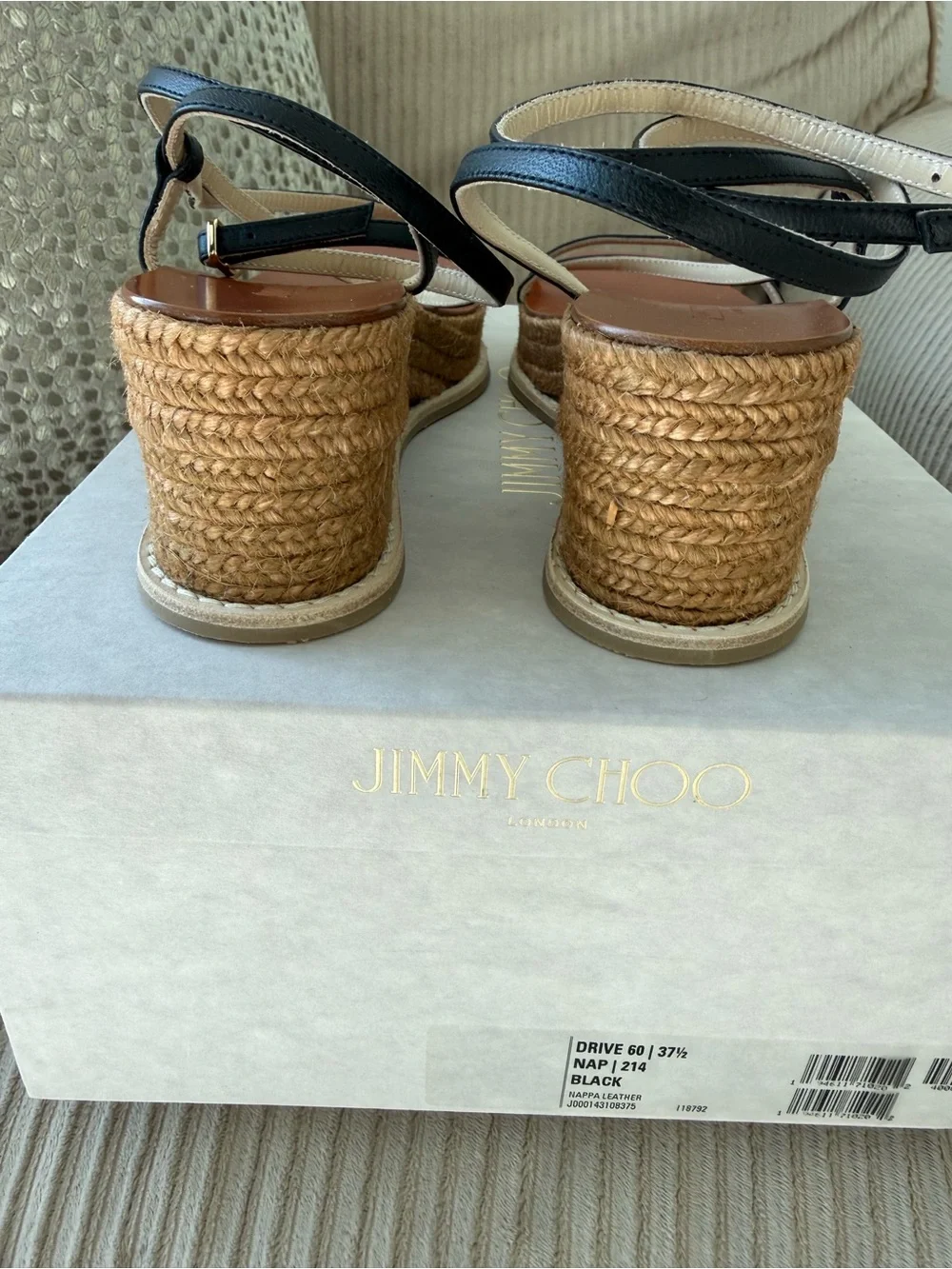 Jimmy Choo Drive 60 Leather Strappy Espadrille Wedge Sandal Black 37.5 7.5 New